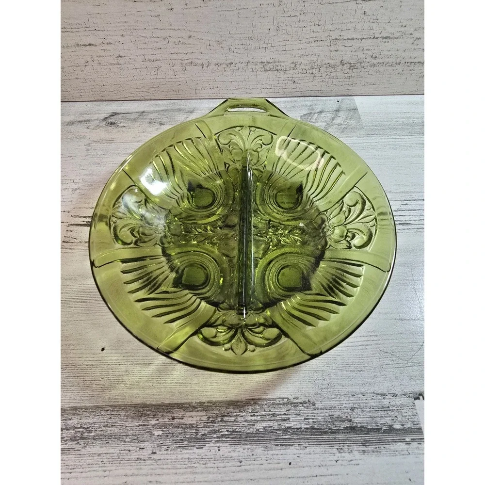 Vintage Green Pressed Glass Divided‎ Relish Dish Footed Serving Tray with Handle
